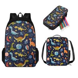 STUOARTE Kinder-Rucksack und Lunchbox-Set, leichte Schüler-Büchertasche, Stiftebox, Jungen Mädchen, Schulrucksack, 3-teilig, Cartoon Dinosaurier Planet - Blau, Einheitsgröße, Kinderrucksack von STUOARTE