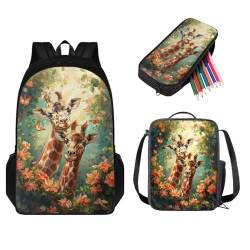 STUOARTE Kinder-Rucksack und Lunchbox-Set, leichte Schüler-Büchertasche, Stiftebox, Jungen Mädchen, Schulrucksack, 3-teilig, Giraffe Blume Schmetterling - Grün Orange, Einheitsgröße, Schulranzen-Set von STUOARTE