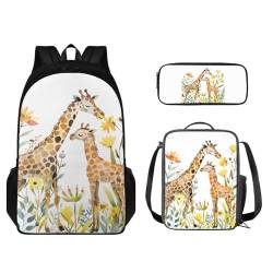 STUOARTE Kinderrucksack-Set, 3-teilig, leichte Schultasche mit passender Lunchtasche und Federmäppchen, Giraffe, mehrfarbig, Einheitsgröße, Kinderrucksack von STUOARTE