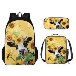 STUOARTE Kinderrucksack-Set, 3-teilig, leichte Schultasche mit passender Lunchtasche und Federmäppchen, Kuh-Sonnenblume, Gelb und Weiß, Einheitsgröße, Schulranzen-Set von STUOARTE