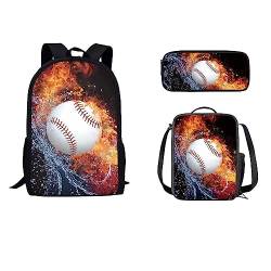 STUOARTE Leichter Baseballball-Rucksack, 3-teilig, Schulbüchertasche für Teenager, Mädchen, Jungen, Feuer und Wasser, Baseballball, großer Schulrucksack mit Lunchtasche und Federmäppchen, 3-in-1 von STUOARTE