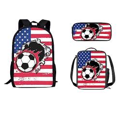 STUOARTE Leichter Rucksack mit amerikanischer Flagge, Fußball-Druck, 3-teilig, Schulbüchertasche für Teenager, Jungen, großer Schulrucksack mit Lunchtasche und Federmäppchen, 3-in-1 von STUOARTE