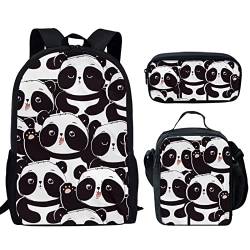 STUOARTE Niedlicher Cartoon-Panda-Rucksack, Grundschule, leicht, für Kinder, Jungen, Mädchen, Büchertasche, 3-in-1, lässiger Tagesrucksack, robuster Rucksack mit Lunchtasche und Federmäppchen von STUOARTE