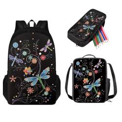 STUOARTE Rucksack für Jungen und Mädchen, lässige Schultaschen, Büchertaschen mit Lunchbox, Federmäppchen, Grundschultasche, Reise-Tagesrucksack, 3 Stück, Libellen-Blume, mehrfarbig, Einheitsgröße, von STUOARTE