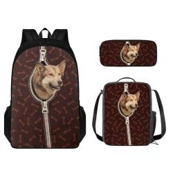 STUOARTE Rucksack für Jungen und Mädchen, lässige Schultaschen, Büchertaschen mit Lunchbox, Federmäppchen, Grundschultasche, Reise-Tagesrucksack, 3 Stück, Schlittenhund, Braun, Einheitsgröße, von STUOARTE