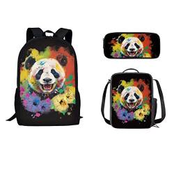 STUOARTE Schulrucksack-Set für Mädchen und Jungen, Tintenspritzer, Hibiskus-Panda-Rucksack, leicht, Kinderschule, Büchertasche mit Lunchtasche und Federmäppchen, 3-in-1 von STUOARTE