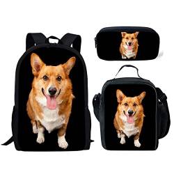 STUOARTE Schulrucksäcke Mädchen Jungen 3D Corgi Hund Druck Rucksack mit Mittagessen Tasche und Federmäppchen Kinder 3 in 1 Büchertaschen Schultasche Set von STUOARTE