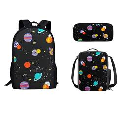 STUOARTE Universe Planet Print Jungen Rucksack Set Schulbuch Tasche mit Brotdose und Federmäppchen 3 in 1 für Vorschule Teenager Leichte Schultasche Combo Set für Reisen Wandern Klettern von STUOARTE