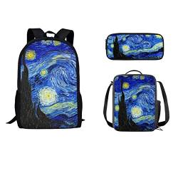 STUOARTE Wasserfeuer Rugby Jungen Rucksack mit Mittagessen Tasche Bleistift Tasche Studenten Casual 3 Stück Schule Büchertasche Set für Mittelschule, Teens Reise Daypack College Umhängetasche für Damen Herren von STUOARTE