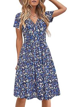 STYLEWORD Damen Sommerkleid Kurzarm V-Ausschnitt Kleider Blumenmuster Kleid Strandkleid Mit Taschen(Floral21,Groß) von STYLEWORD