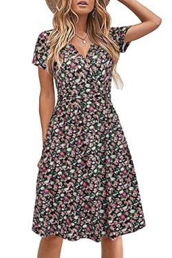 STYLEWORD Damen Sommerkleid Kurzarm V-Ausschnitt Kleider Blumenmuster Kleid Strandkleid Mit Taschen(Floral22,X-Groß) von STYLEWORD