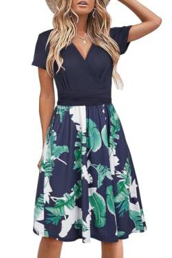 STYLEWORD Damen Sommerkleid Kurzarm V-Ausschnitt Kleider Blumenmuster Kleid Strandkleid Mit Taschen(Floral25,klein) von STYLEWORD