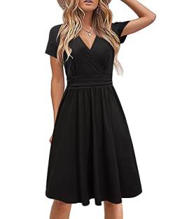 STYLEWORD Damen Sommerkleid Kurzarm V-Ausschnitt Kleider Blumenmuster Kleid Strandkleid Mit Taschen(Schwarz,X-Groß) von STYLEWORD