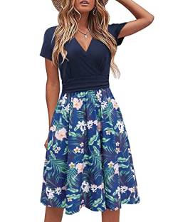 STYLEWORD Damen Sommerkleid Kurzarm V-Ausschnitt Kleider Blumenmuster Kleid Strandkleid Mit Taschen(floral09,XX-groß) von STYLEWORD