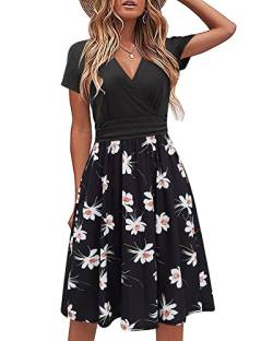 STYLEWORD Damen Sommerkleid Kurzarm V-Ausschnitt Kleider Blumenmuster Kleid Strandkleid Mit Taschen(floral11,Groß) von STYLEWORD
