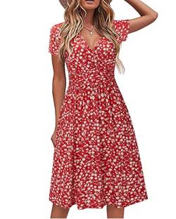 STYLEWORD Damen Sommerkleid Kurzarm V-Ausschnitt Kleider Blumenmuster Kleid Strandkleid Mit Taschen(floral19,XX-Groß) von STYLEWORD