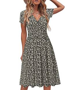 STYLEWORD Damen Sommerkleid Kurzarm V-Ausschnitt Kleider Blumenmuster Kleid Strandkleid Mit Taschen(floral20,Groß) von STYLEWORD