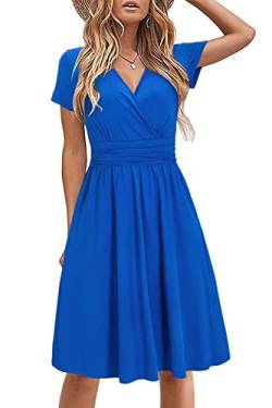 STYLEWORD Damen Sommerkleid Kurzarm V-Ausschnitt Kleider Einfarbig Kleid Strandkleid Mit Taschen(Blau,Groß) von STYLEWORD