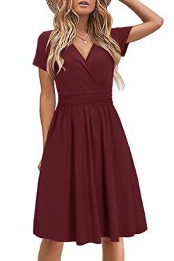 STYLEWORD Damen Sommerkleid Kurzarm V-Ausschnitt Kleider Einfarbig Kleid Strandkleid Mit Taschen(Dunkelrot,Groß) von STYLEWORD