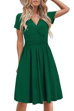 STYLEWORD Damen Sommerkleid Kurzarm V-Ausschnitt Kleider Einfarbig Kleid Strandkleid Mit Taschen(Grün,Mittel) von STYLEWORD