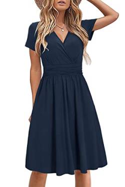 STYLEWORD Damen Sommerkleid Kurzarm V-Ausschnitt Kleider Einfarbig Kleid Strandkleid Mit Taschen(Marine,Groß) von STYLEWORD