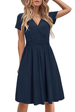 STYLEWORD Damen Sommerkleid Kurzarm V-Ausschnitt Kleider Einfarbig Kleid Strandkleid Mit Taschen(Marine,X-Groß) von STYLEWORD