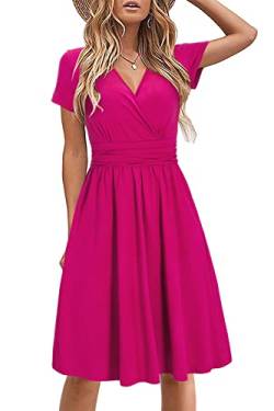 STYLEWORD Damen Sommerkleid Kurzarm V-Ausschnitt Kleider Einfarbig Kleid Strandkleid Mit Taschen(Rosa,Groß) von STYLEWORD