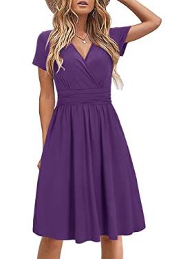 STYLEWORD Damen Sommerkleid Kurzarm V-Ausschnitt Kleider Einfarbig Kleid Strandkleid Mit Taschen(Violett,Groß) von STYLEWORD