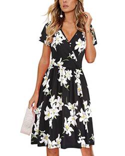 STYLEWORD Sommerkleid Damen Knielang Kleid Sommer Midikleid Kurzarm V Ausschnitt Blumenkleid Wickelkleid von STYLEWORD