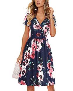 STYLEWORD Sommerkleid Damen Knielang Kleid Sommer Midikleid Kurzarm V Ausschnitt Blumenkleid Wickelkleid von STYLEWORD