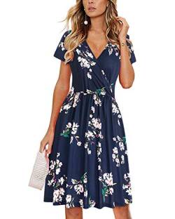 STYLEWORD Sommerkleid Damen Knielang Kleid Sommer Midikleid Kurzarm V Ausschnitt Blumenkleid Wickelkleid von STYLEWORD