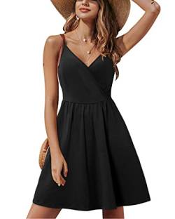 STYLEWORD Sommerkleid Damen Knielang V-Ausschnitt A Linie Schwarz Kleider Sommer Strandkleid Freizeitkleid mit Taschen von STYLEWORD