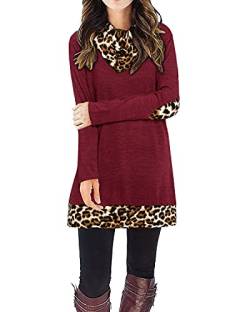 STYLEWORD Strickkleid Damen Herbstkleid Langarm Pulloverkleid Warm Winterkleid Tunika Kleid für Herbst Winter(Wein & Leopard,Groß) von STYLEWORD