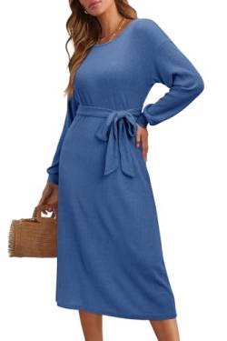 STYLEWORD Strickkleid Damen Langarm Rundausschnitt Kleid Elegant PulloverKleid Herbst Winterkleid Mit Gürtel(Blau,Mittel) von STYLEWORD