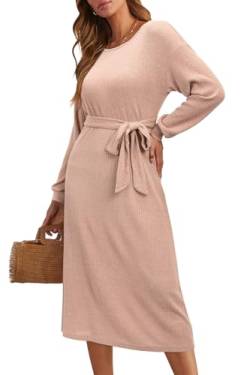 STYLEWORD Strickkleid Damen Langarm Rundausschnitt Kleid Elegant PulloverKleid Herbst Winterkleid Mit Gürtel(Light Khaki,XX-Groß) von STYLEWORD