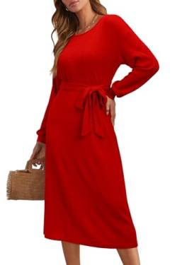 STYLEWORD Strickkleid Damen Langarm Rundausschnitt Kleid Elegant PulloverKleid Herbst Winterkleid Mit Gürtel(Rot,Mittel) von STYLEWORD