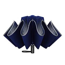 Regenschirm umgekehrter Regenschirm Winddichter Reiseschirm mit Teflon-Beschichtung und Reflexstreifen, 10 Rippen Kompakter Umkehrschirm Automatisch Faltschirm, blau, von STmea