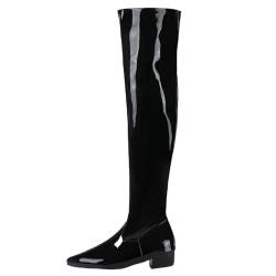 Damenstiefel Overknee-Block-Oberschenkelstiefel Glänzende Lackstiefel (Color : Black, Size : 36 EU) von SUABON