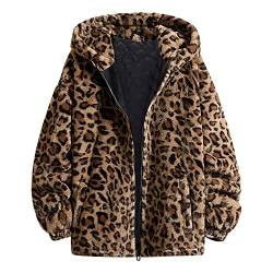 Fleece Zip Hoodie Damen Langarm Leopard Fuzzy Fleece Reißverschluss Kapuzenjacke Mäntel Oberbekleidung Mit Tasche Fleecejacke Damen XXL, D, 34 von SUANQ