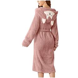 Soft Bademäntel Robes Damen Doppeltasche 3D Fuchsohren Kapuze Flanell Bademantel Weich und Warm Doppelseitiger Samt Bademantel Pyjama Home Wear Robe Frauen Lang, rose, 34 von SUANQ