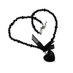 SUCHUANGUANG Böhmische Perlen-Halskette Nische Retro-Stil schwarze Liebe Schleife Samenkorn kurze Harz-Halskette Sommer-Reis-Perlen-Halskette Schmuck von SUCHUANGUANG