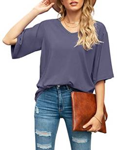 SUEANI Damen Bluse Tops Lose V-Ausschnitt 3/4 Glockenärmel Shirt, A: Violett/Grau, X-Groß von SUEANI
