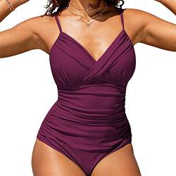 SUGSHYN Badeanzug Damen Sexy V Ausschnitt Schwimmanzug Bauchweg Bademode Push Up Swimming Suits Women Badeanzug mit Bügel Shape Monokini Badekleid Damen Strandmode Beachwear Frauen Sommer von SUGSHYN