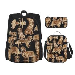 SUHNGE 3-in-1 Büchertaschen-Set, glitzernd, hübsches Muster, verstellbarer Schulter-Rucksack, Lunch-Tasche, Federmäppchen, Beutel, Golden Retrievers, Einheitsgröße von SUHNGE