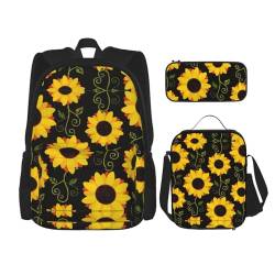 SUHNGE 3-in-1 Büchertaschen-Set, verstellbarer Schulter-Rucksack, Lunch-Tasche, Federmäppchen, Tasche, Blumen-Sonnenblume, Einheitsgröße von SUHNGE