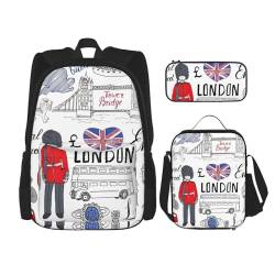 SUHNGE 3-in-1 Büchertaschen-Set, verstellbarer Schulterrucksack, Lunch-Tasche, Federmäppchen, Tasche, I Love London, Einheitsgröße von SUHNGE