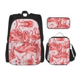 SUHNGE Feuerwerk Print Leichter Rucksack Set von 3 Stück (Federmäppchen Schultasche Lunchtasche Kombination), Flamingo, Einheitsgröße von SUHNGE