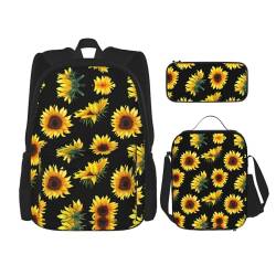 SUHNGE Leichter Rucksack mit Sonnenblumen-Motiv, 3-teiliges Set (Federmäppchen, Schulranzen, Lunchtasche, Kombination), Sonnenblumenblühende Blumen Pflanzen schwarz und gelb, Einheitsgröße von SUHNGE
