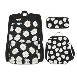 SUHNGE Leichter Rucksack mit Sonnenblumenfelddruck, Gelb, 3-teiliges Set (Federmäppchen, Schultasche, Lunchtasche, Kombination), Weiße Gänseblümchen 2, Einheitsgröße von SUHNGE