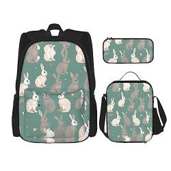 SUHNGE Leichter Rucksack mit weißem Punktemuster, 3-teiliges Set (Federmäppchen, Schultasche, Lunch-Tasche, Kombination), Kaninchen-Hintergründe, Einheitsgröße von SUHNGE